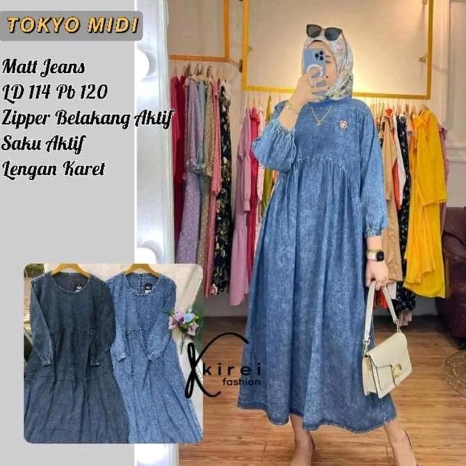 Devarahardians - Hijabkiara - Midi Jeans polos wanita Muslim Dress Rayon Gamis Katun Kancing Kotak M