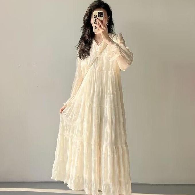 Keepgoing- Gaun Nita Cream Sifon Lengan Panjang Rna Putih Casual Long Dress Home Dress Busui M505