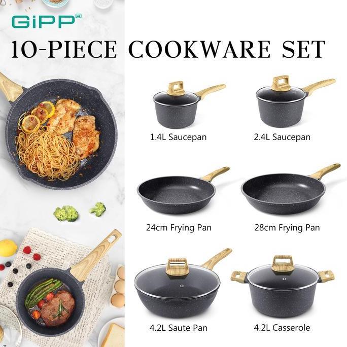GiPP Peralatan Masak Set 6 PCS Dengan Gagang Lepas Pasang Memudahkan Penyimpanan Pelapis keramik Coc
