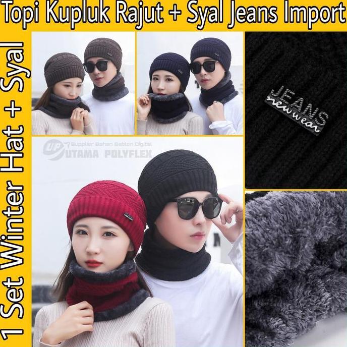 renda.amir - topi kupluk rajut beanie dan syal import / winter hat scarf jeans 1set