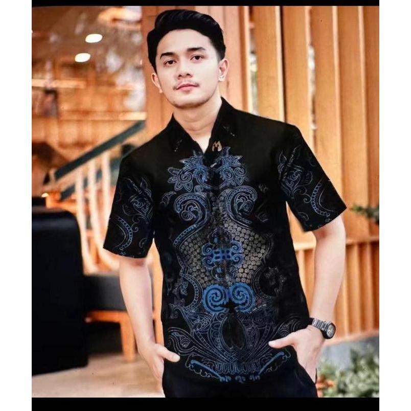 Kemeja Batik Pria Lengan Pendek Premium Motif Casual Terbaru  Kain Katun Politextile Hitam Atasan He