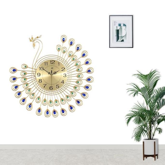 Jam Dinding 3D Diamond Peacock 53x53cm Metal Luxury Wall Clock, Dekorasi Living Room Mewah [terbaik]