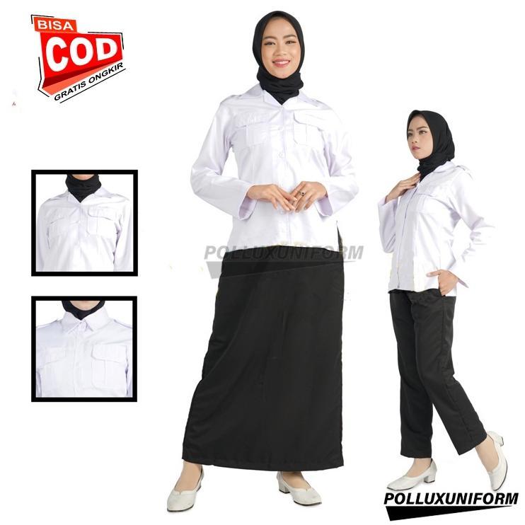 Promo Seragam Pns Hitam Putih Wanita Setelan Kemeja Pdh Rok & Celana Hitam