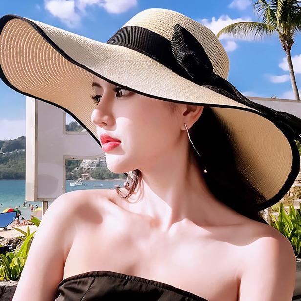 Topi Pantai Lebar Bahan Raffia Premium List Hitam / Topi Pantai Lebar / Topi Pantai Lipat Delima12