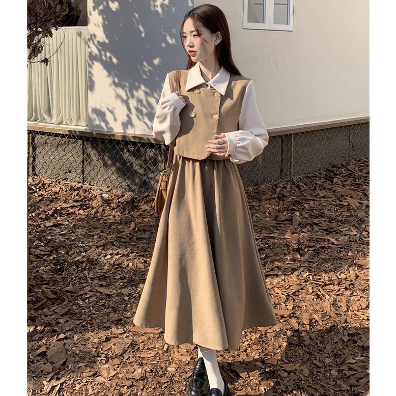 hemat dress retro kasual wanita gaya korea dress lengan panjang kerja longgar