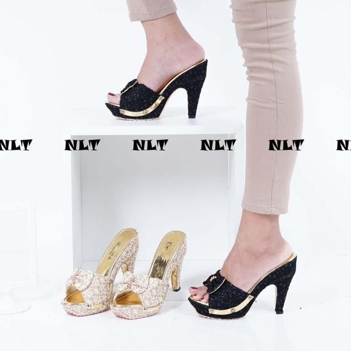 Sales Nunulisatan - Termurah High Heels Wanita Hak Tinggi 9Cm Brukat Gliiter Pesta Hitam Cream