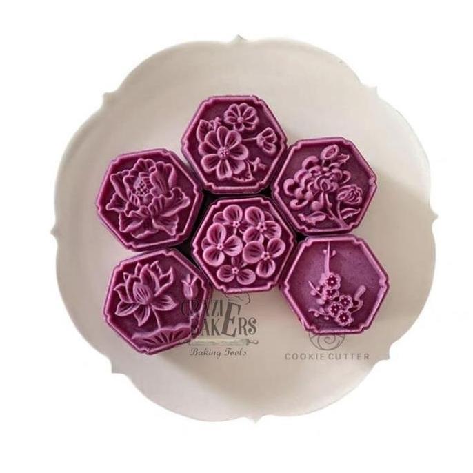 Cetakan Kue Bulan Hexagon Square 50 GR Bunga Peony Camellia - Rabbit Lotus Koi FishMooncake Mold
