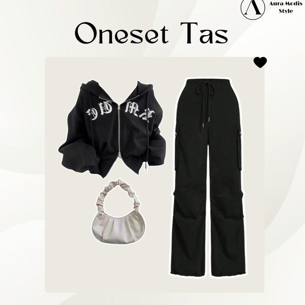 Tahan Lama Setelan 4In1 Wanita Premium | Sweater Crop Fleece Adem | Celana Cargo Hitam Jumbo Anti Ge