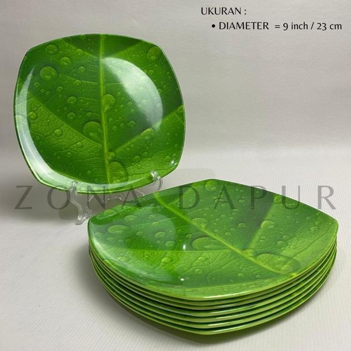 (6 pcs) - Piring Melamin Persegi Ceper Motif Daun (9 inch / 23 cm), Piring Melamine Motif Daun, Piri