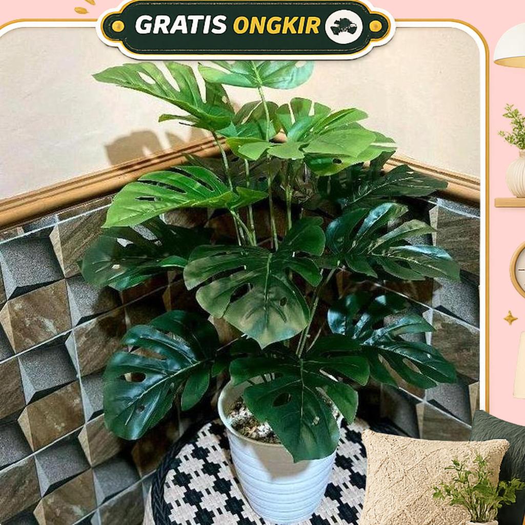 Tanaman Hias Artificial Mostera Hijau Polos Daun 18 Cabang + Pot Pirus