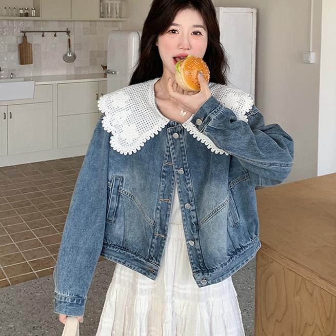 RECOMMENDED YIKOO-JAKETS DENIM PUTIH KERAH BONEKA COAT OVERSIZE LENGAN PANJANG LONGGAR OUTERWEAR WAN