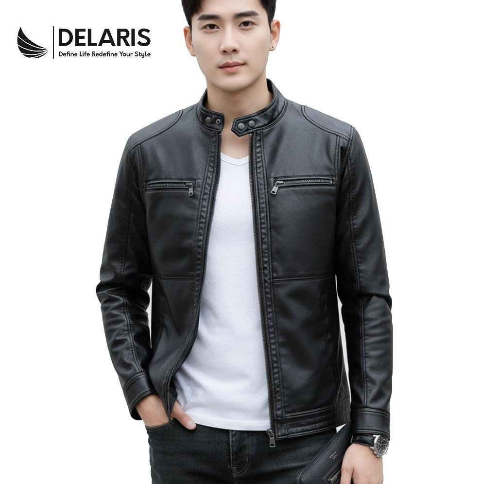 PREMIUM Delaris Jaket Kulit Pria Vector Hitam Cokelat