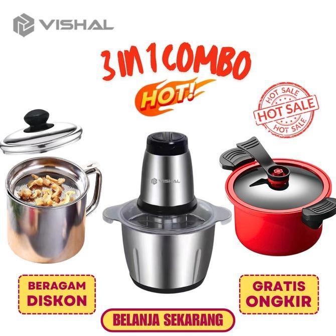 VISHAL Combo spesial 3 in 1  Blender Daging Penggiling Chopper Stainless + Oil Pot Wadah Penyaring M