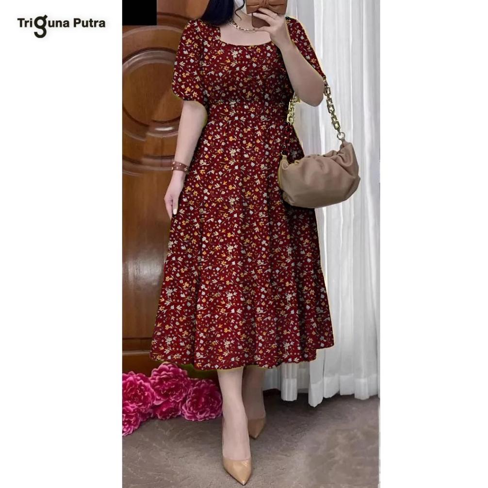 Bergaransi Dress Bunga Lengan Pendek Wanita Korea Midi Dress