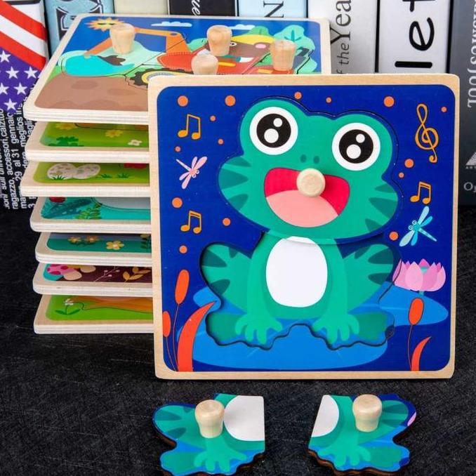 ST Puzzle Knob 3D Chunky Puzzle Knob Kayu Anak Karakter Hewan dan Kendaraan Lucu Puzzle Wooden Knob
