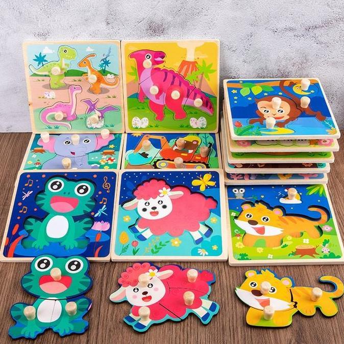 LO Puzzle Knob 3D Chunky Puzzle Knob Kayu Anak Karakter Hewan dan Kendaraan Lucu Puzzle Wooden Knob