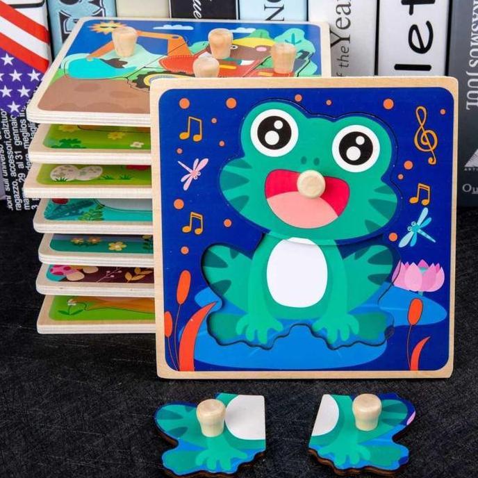 KS  Puzzle Knob 3D Chunky Puzzle Knob Kayu Anak Karakter Hewan dan Kendaraan Lucu Puzzle Wooden Knob