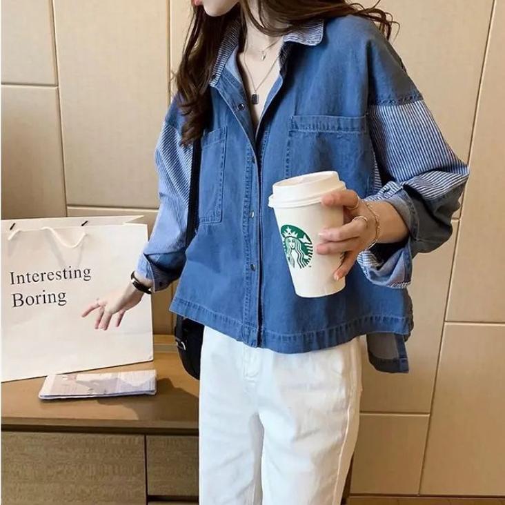 NEW KEMEJA JEANS DENIM  OVERSIZE ATASAN WANITA KOMBINASI SALUR / KEMEJA JEANS WANITA OVERSIZE