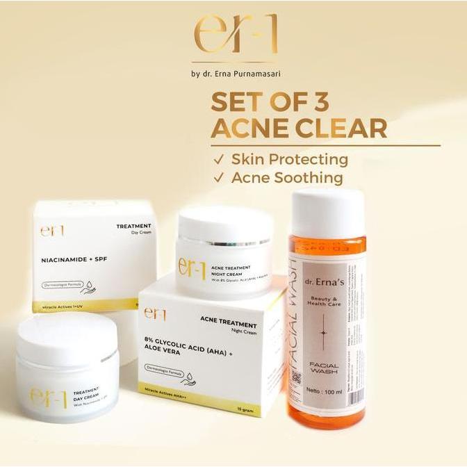 er-1 Clear Acne Set 3 Pcs - Paket Skincare Kulit Berjerawat - Day Cream Night Cream Facial Cleanser