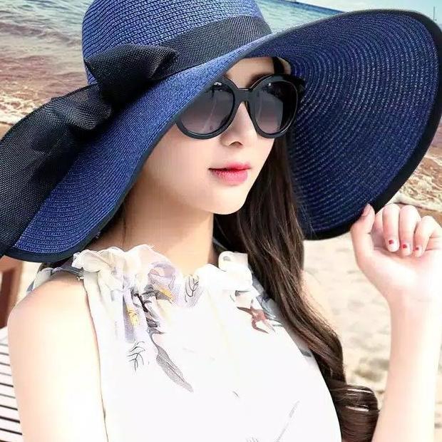Topi Pantai Wanita Lebar Papper Pita Hitam Import