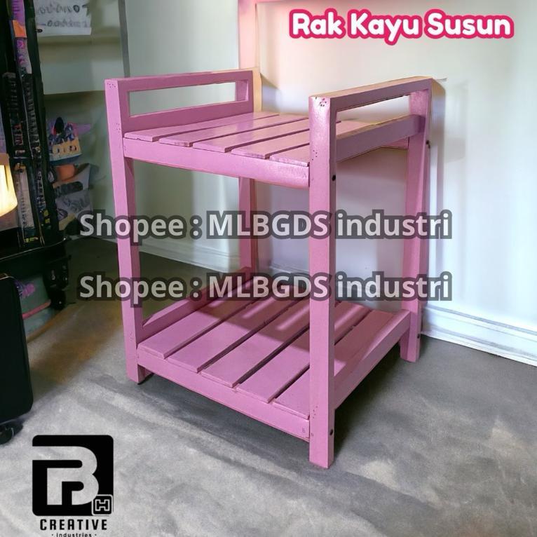 Rak Galon Meja Dispenser Rak Kayu Susun Warna Pink