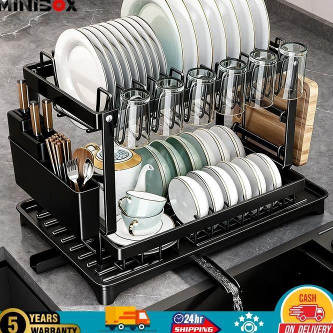Minimalisbox Rak Piring Stainless Steel Ganda Lapisan Dapur Rak Piring Dengan Piring Aspal Rak Cangk