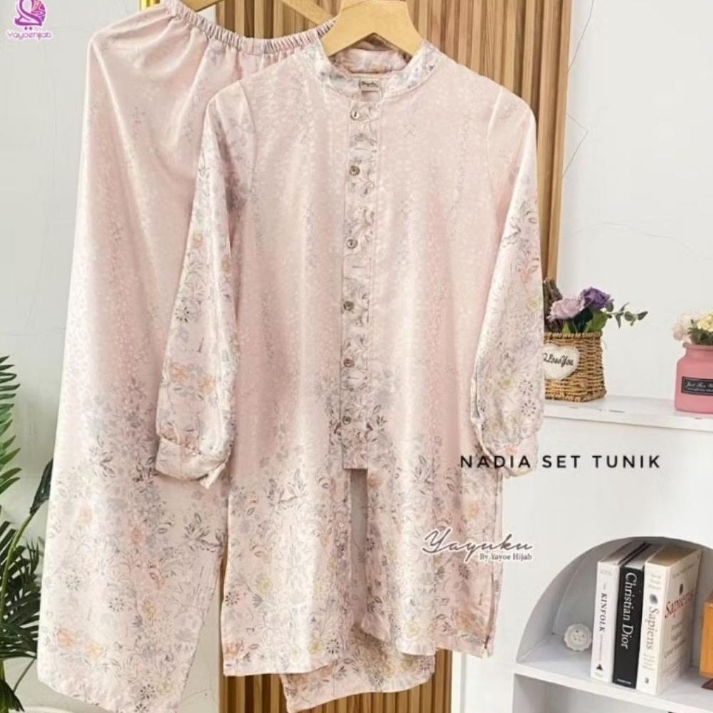 Diskon Nadia Set Tunik Setelan Wanita Lebaran Kekinian Motif Floral Kondangan Busui Friendly Elegant