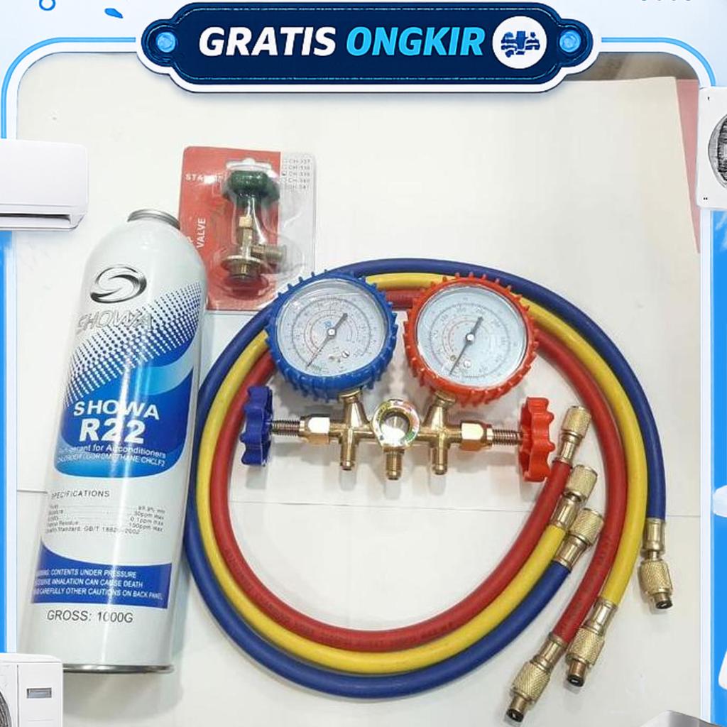Paket Isi Freon Ac R22 Manifold Double Selang Krant Freon Showa 1Kg