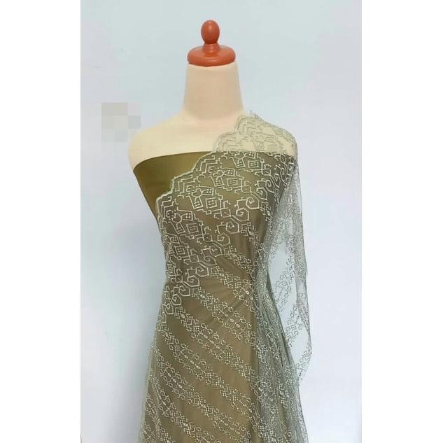 Paket Lengkap Kain Bridesmaid / Kain Satin Velvet Premium Dark Olive + Brukat Tile Soft Green