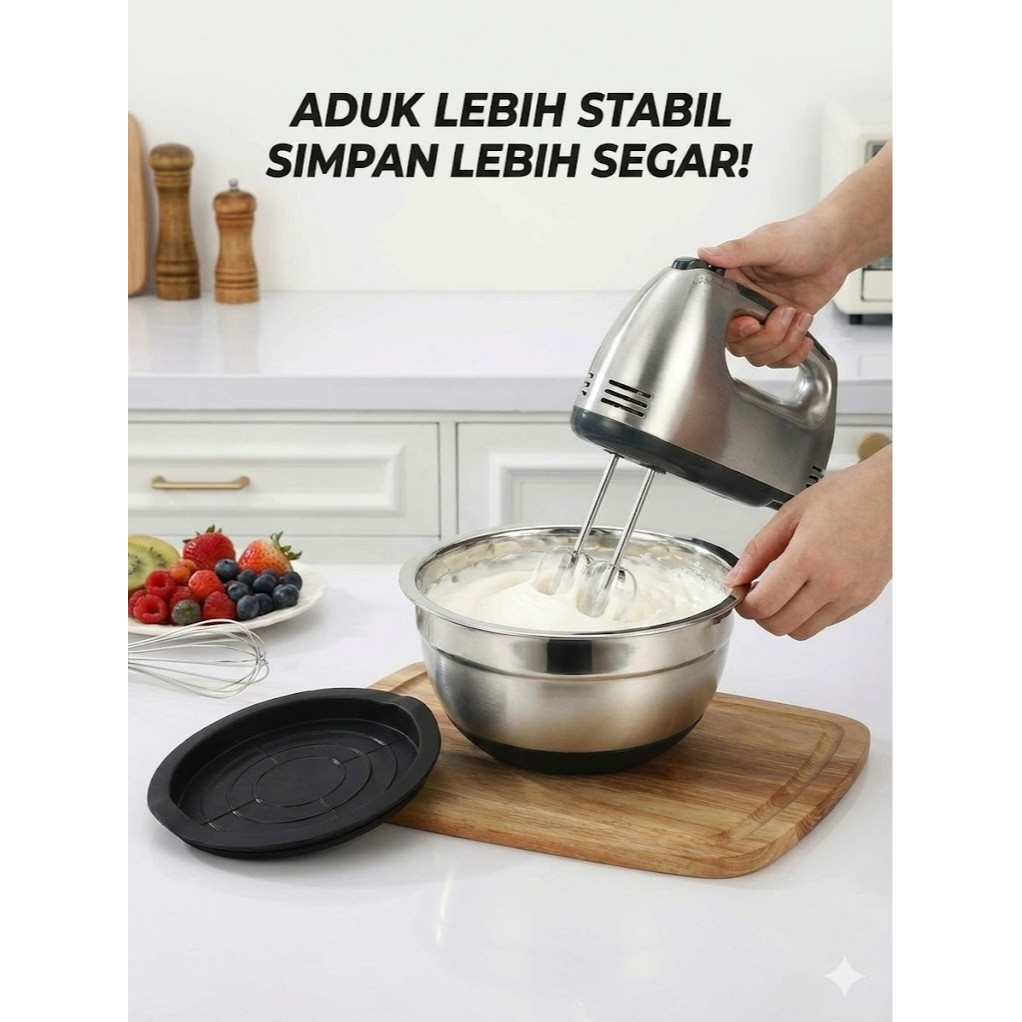 Mangkuk Stainless Steel MEJIMA Mixing Bowl Wadah Salad Baskom Stainless Tebal Tutup Plastik Kedap Ud