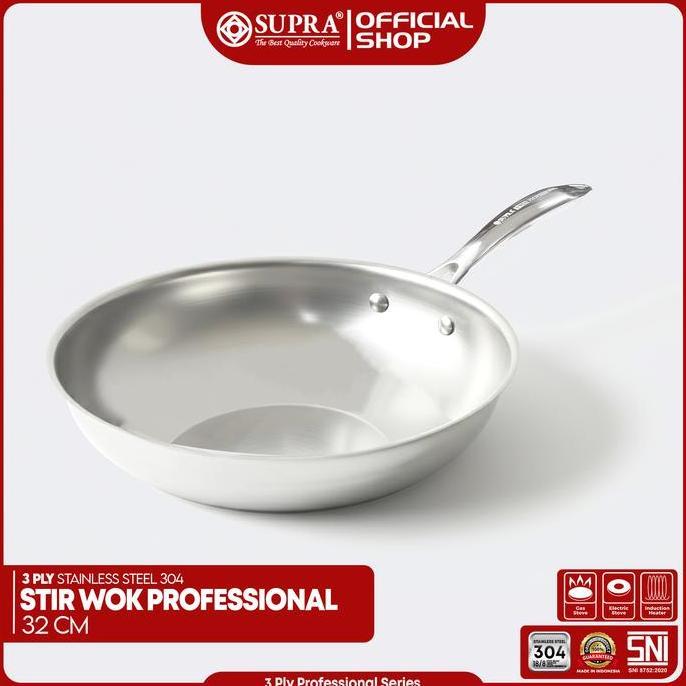 Supra Frying Pan 3 Ply Stainless Steel Sus 304 Stir Wok 32 cm Professional Series