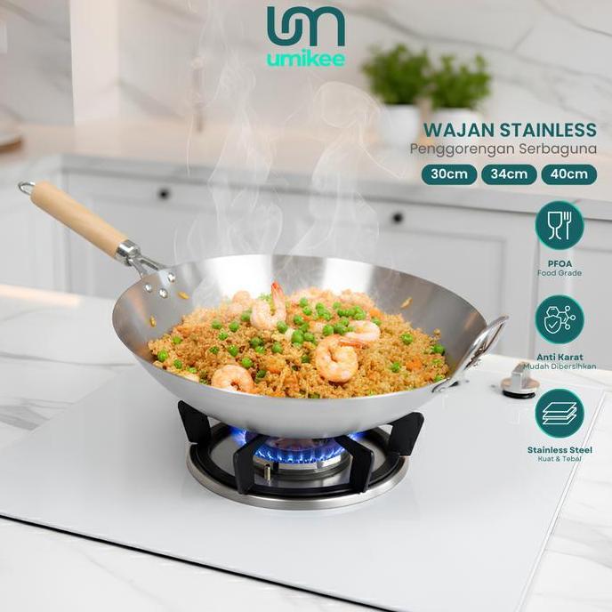 Wok Pan Stainless Steel 304 Profesional Anti Lengket Alami & Aman untuk Semua Kompor