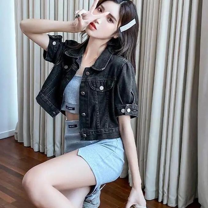 Serdapratama - 974 - Jaket Jeans Crop Korean Girls Wanita Lengan Pendek/ Jaket Crop Jeans Wanita Len