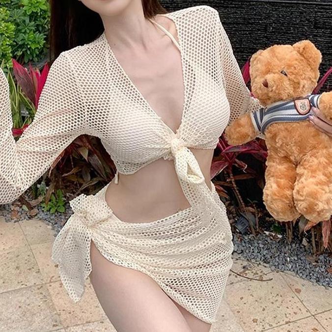 Baju Renang Rajutan Lengan Panjang p-piece Set Wanita Bikini Seksi Gaya Liburan Smock