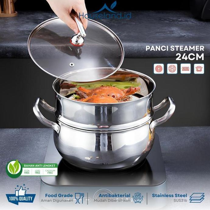 Aladin Panci Kukus Stainless Steel 316L 2In1 + Steamer | Diameter 24 Cm | Panci Rebus & Kukus Allsho