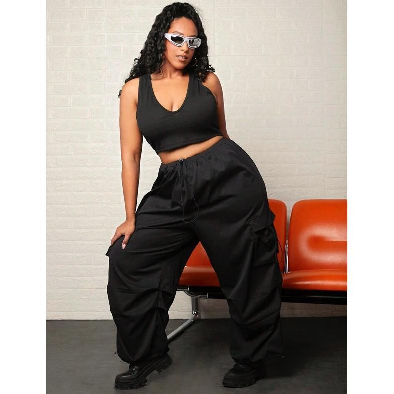 Diskont Big Size Putih Celana Baggy Pants Cargo Serut Bahan Ringan Wanita Highwaist Tren Hiphop Karg