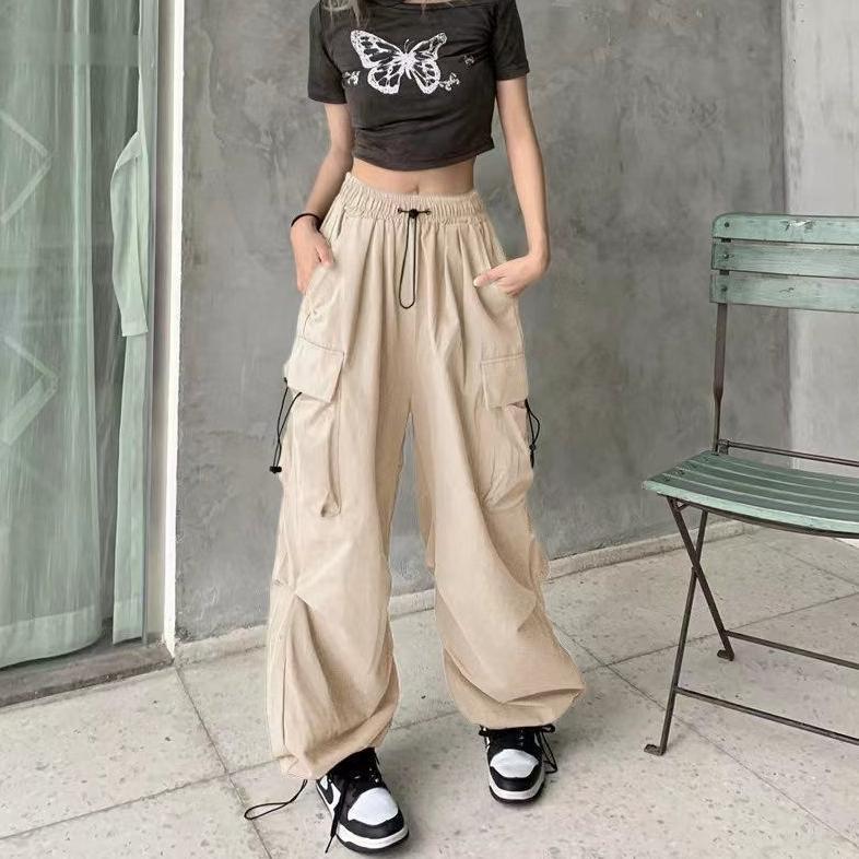 Premium Big Size Putih Celana Baggy Pants Cargo Serut Bahan Ringan Wanita Highwaist Tren Hiphop Karg