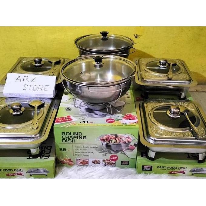 Slag- Tempat Makan Prasmanan Set Tutup Batik / Semi Kaca Bahan Stainless Isi 5 Kotak + 1 Bulat Merk 