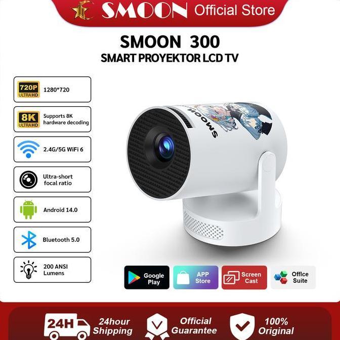 Smoon 300 Ultra Smart Projector Lcd Tv - Proyektor Pintar - 200 Ansi - Android 14 - 720P - Wifi - Bl