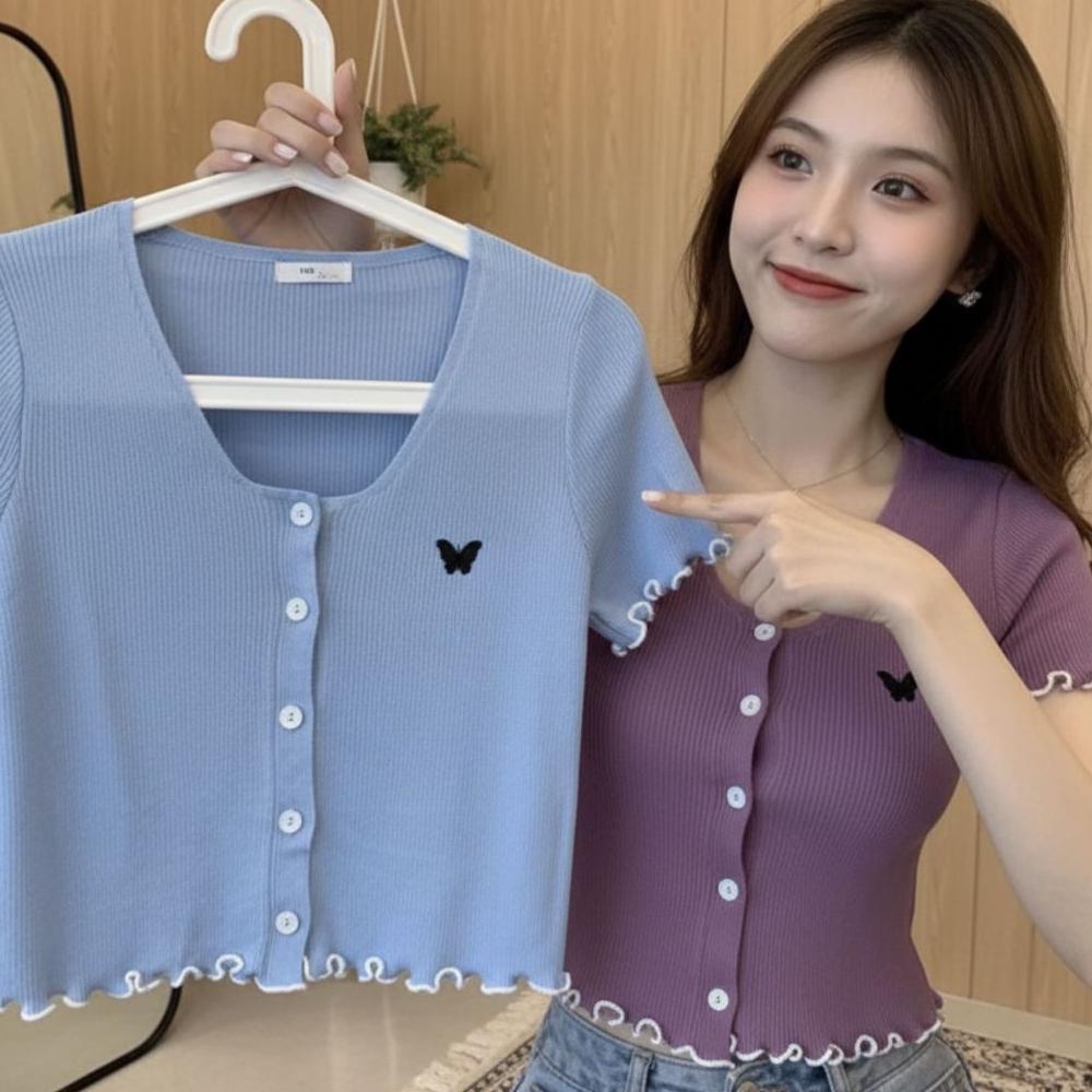 LIMITED ELODY CROP TOP BUTTON RIB BUTTERFLY / KAOS CROP TOP LENGAN PENDEK KOREAN STYLE ATASAN WANITA
