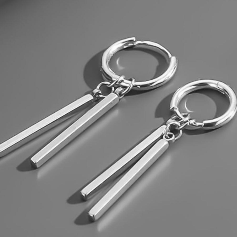 murah anting tindik dan jepit hoop batang 2 hitam dan silver / anting hoop titanium anti karat / ant