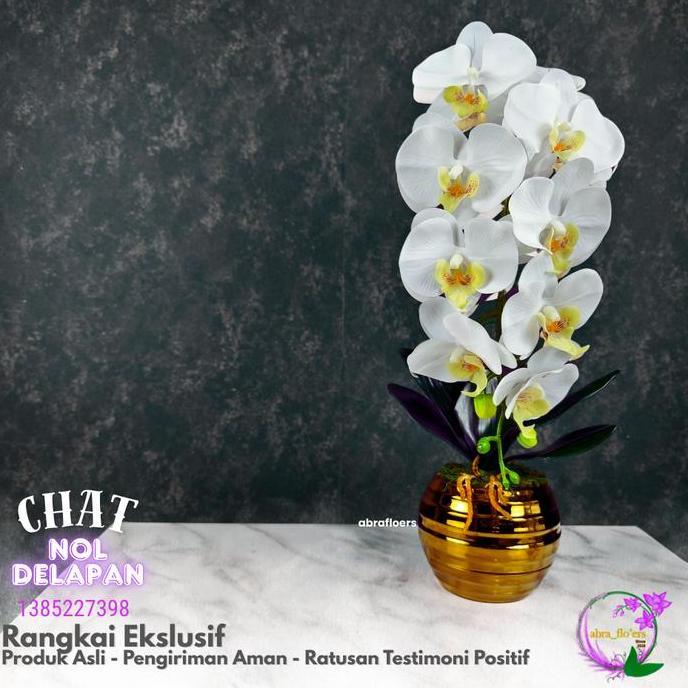Abra Flo'ers - Artificial Plant - Rangkaian Bunga Anggrek Latex Premium - Incl Pot Keramik - 1 Tangk