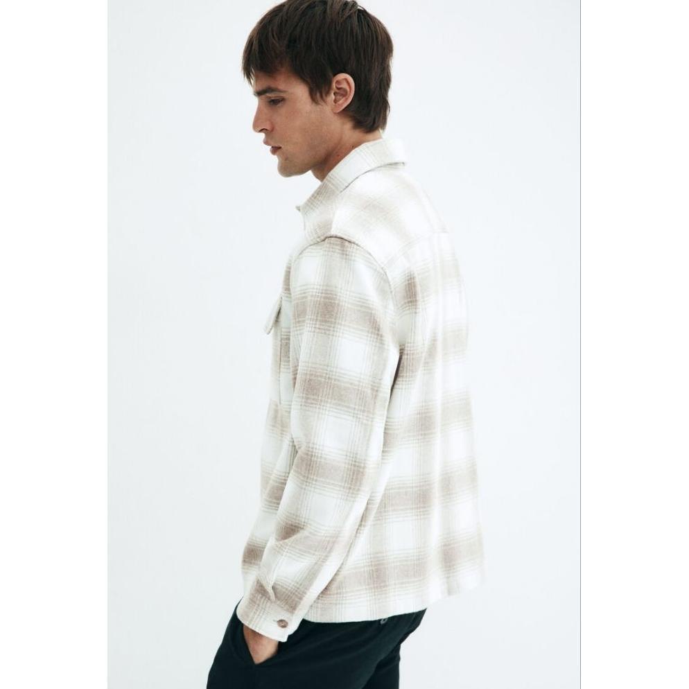 BIG PROMO HM Overshirt Shacket Flannel Pria Original Beige Plaid Kemeja Kotak-Kotak Tebal Premium Ke