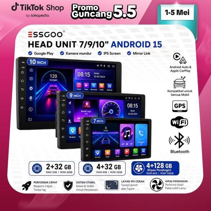 G_NADASULI - ESSGOO HEAD UNIT ANDROID 15 MOBIL 4G+64G  7/9/10 INCH 2 DIN KONTROL SUHU CERDAS IPS LAY