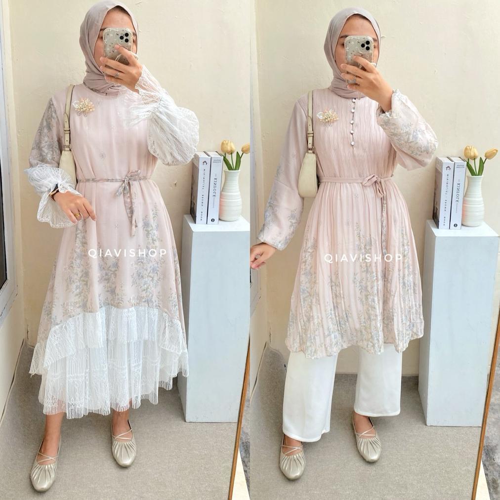 favorit qiavi shop - revi tunik / tunic atasan plisket simple mewah motif cantik warna pastel kualit