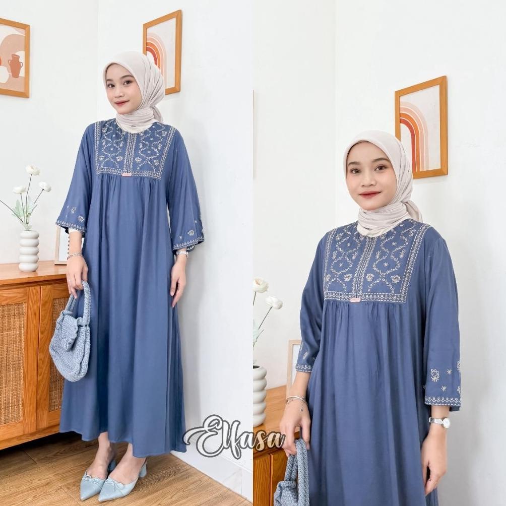 HOT DEALS Midi Bordir Mikayla lengan 3/4 - Midi semi gamis rayon twill adem lembut dan berserat - Mi