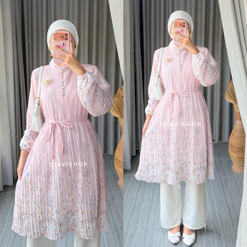 HOT DEALS QIAVI SHOP - REVI TUNIK / TUNIC ATASAN PLISKET SIMPLE MEWAH MOTIF CANTIK WARNA PASTEL KUAL