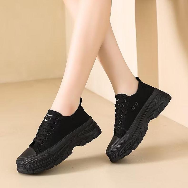 Grade Ori Sepatu Sekolah Wanita Canvas Pendek Full Hitam Polos Import