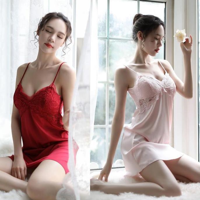 [NL] PREMIUM WANITA NIGHT DRESS BUSA CUP PAD PANJANG SATIN DOFF SEKSI FREE CD FLEXIBLE BESAR JUMBO R