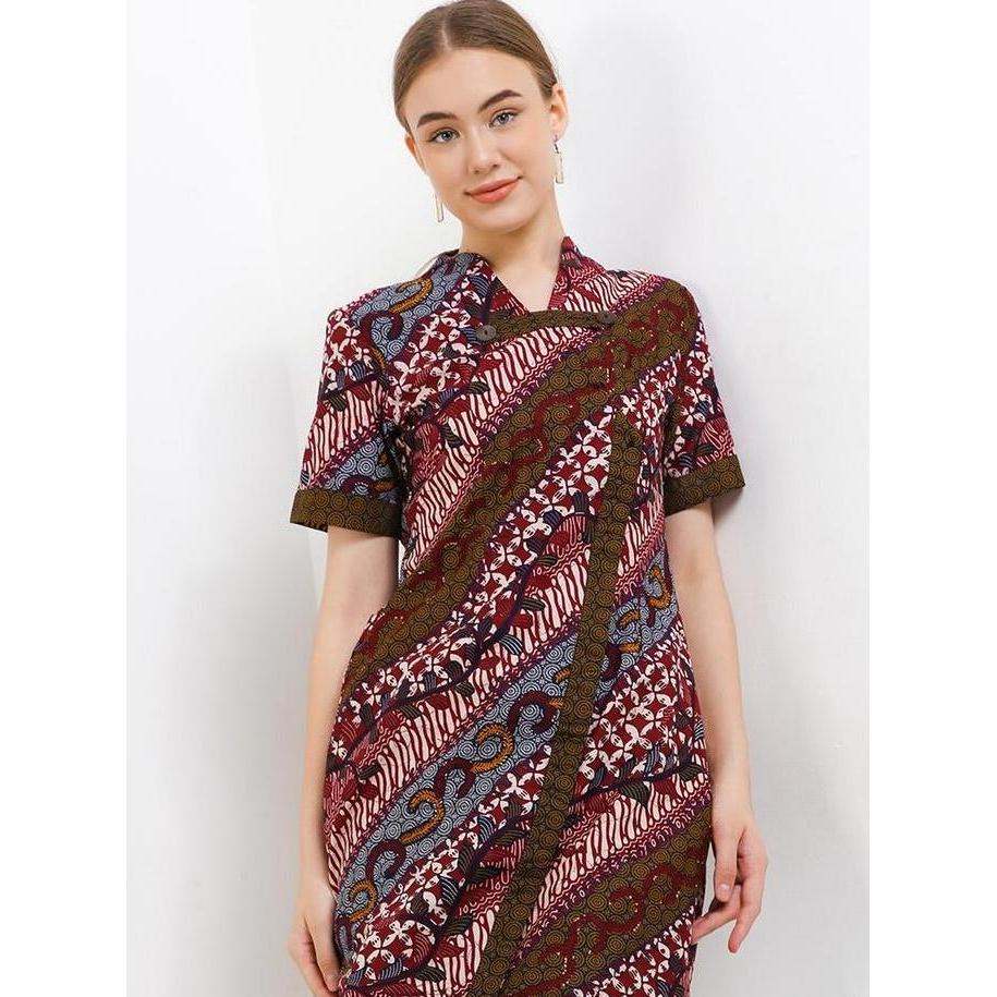 Arjuna Weda Sackdress Batik Wanita Motif Parang Kawung | Bahan Katun | Kancing Depan  | Lengan Pende